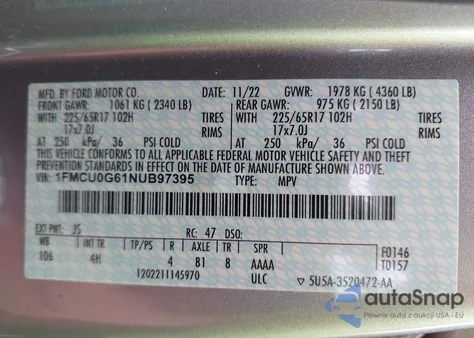 2022 Ford Escape Se z USA, uszkodzony, nr VIN 1FMCU0G61NUB97395